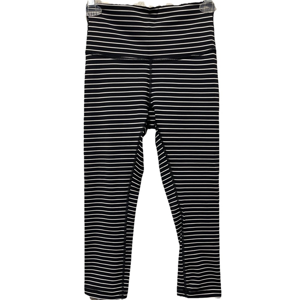 Lululemon Women's Wunder Under Crop Black White Horizontal Stripe Legging Size 4